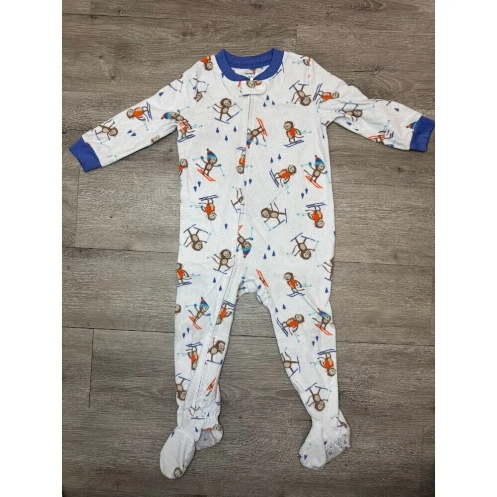3 Pack Footed Zip Pajama Sleepers 24 Months Red Animal Monkey Bundle